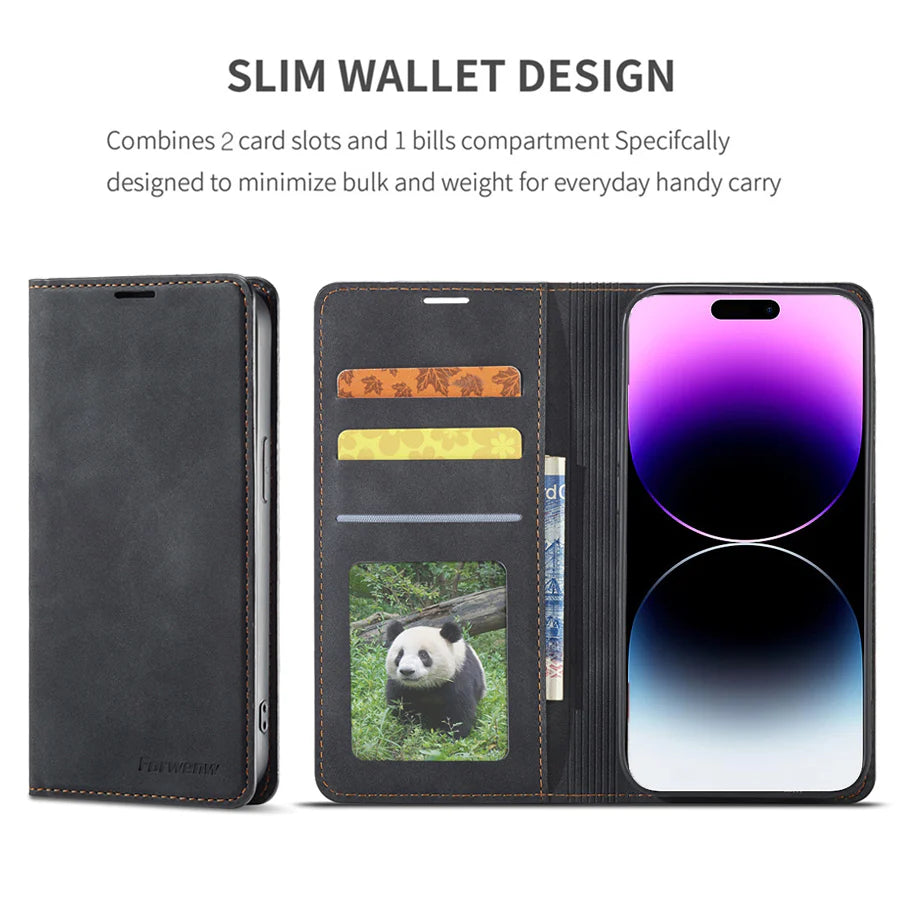 Ultra-Slim iPhone Case — Leather Flip Wallet Cover with Magnetic Suede Finish, Card Slots, Cash Pocket, Stand Function and Lightweight Full-Body Protection
