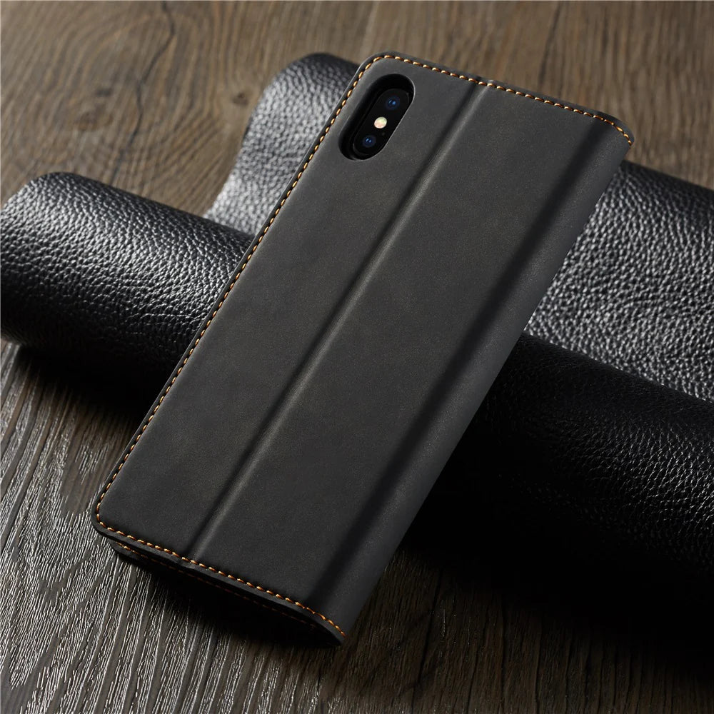 Ultra-Slim iPhone Case — Leather Flip Wallet Cover with Magnetic Suede Finish, Card Slots, Cash Pocket, Stand Function and Lightweight Full-Body Protection