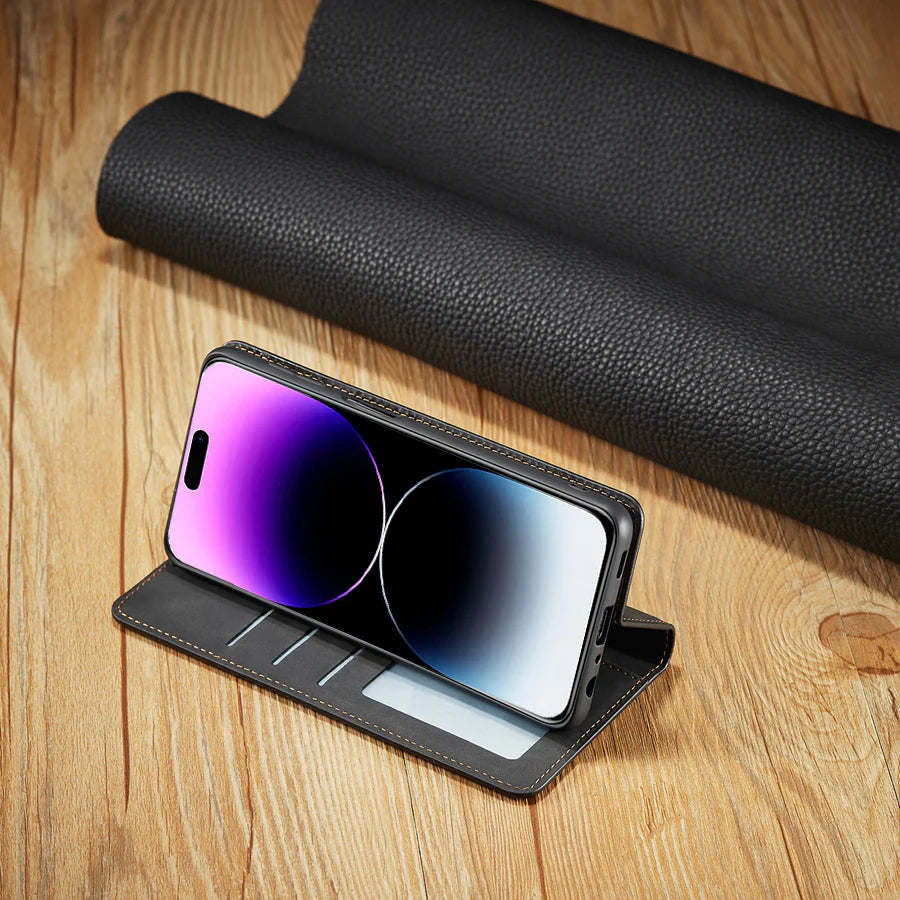 Ultra-Slim iPhone Case — Leather Flip Wallet Cover with Magnetic Suede Finish, Card Slots, Cash Pocket, Stand Function and Lightweight Full-Body Protection
