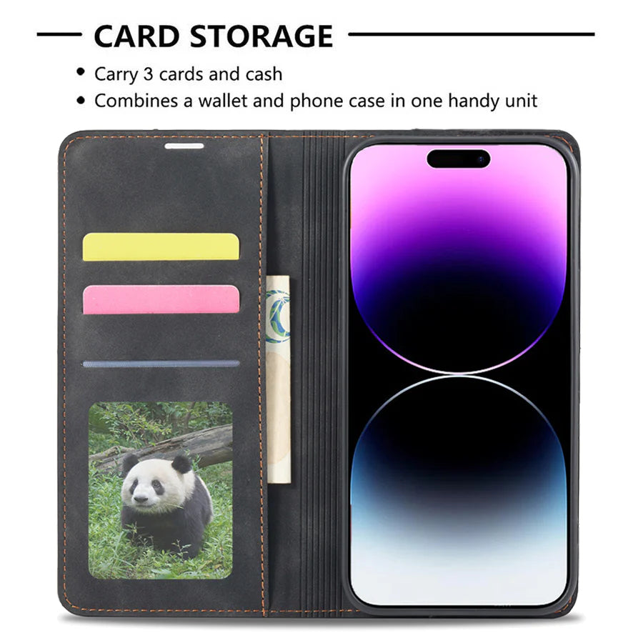 Ultra-Slim iPhone Case — Leather Flip Wallet Cover with Magnetic Suede Finish, Card Slots, Cash Pocket, Stand Function and Lightweight Full-Body Protection