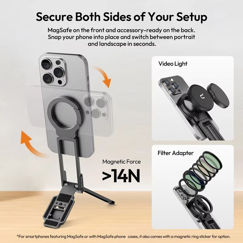 Ultra-Slim iPhone MagSafe Magnetic Phone Tripod Stand, Pocket Mini Holder with Strong N52 Magnet Grip & 360° Adjustable Mount
