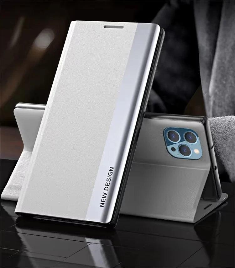 Luxury iPhone Case — Leather Flip Cover with Plating Book-Style Design, Kickstand Holder, Shockproof Protection and Anti-Fingerprint Matte Finish