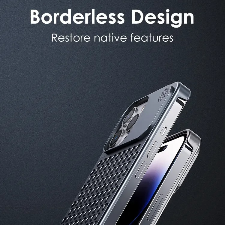 Premium iPhone Case — Metal Heat Dissipation Hollow Aluminum Alloy Cover with Rimless Cooling Design, Fragrance Feature and Anti-Fingerprint Scratch-Resistant Protection
