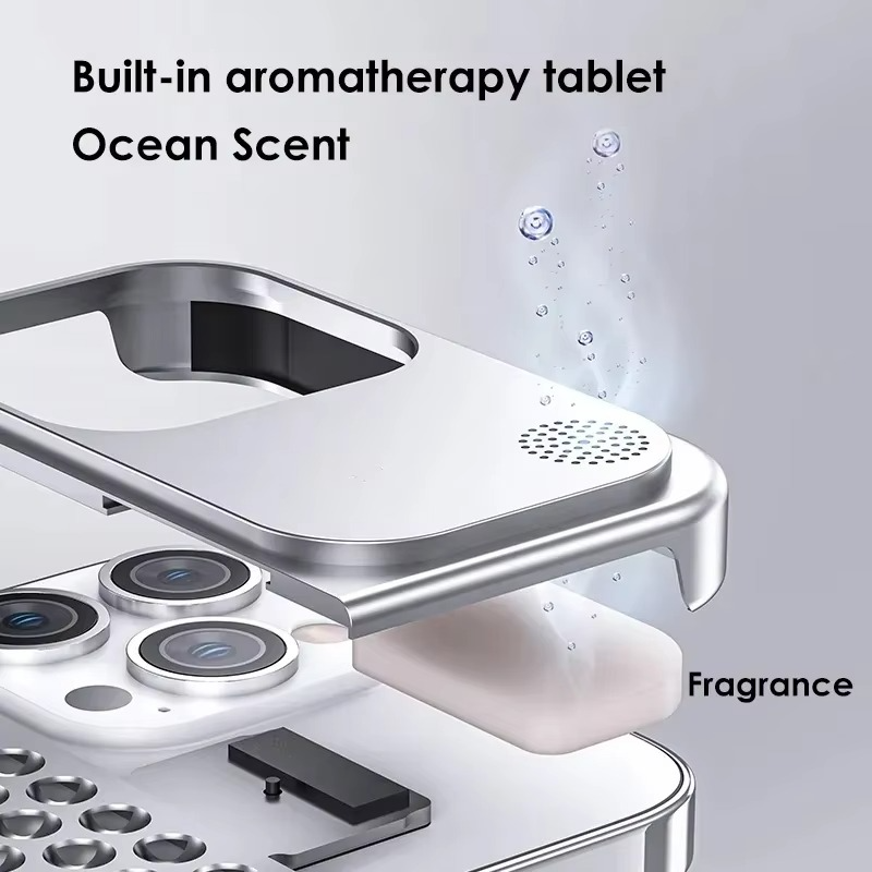Premium iPhone Case — Metal Heat Dissipation Hollow Aluminum Alloy Cover with Rimless Cooling Design, Fragrance Feature and Anti-Fingerprint Scratch-Resistant Protection