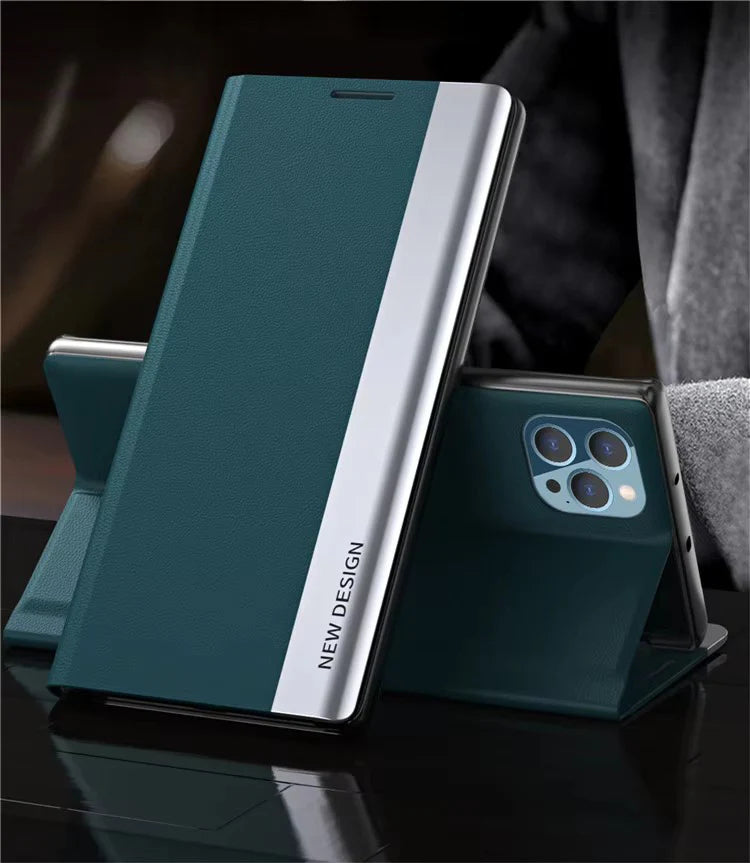 Luxury iPhone Case — Leather Flip Cover with Plating Book-Style Design, Kickstand Holder, Shockproof Protection and Anti-Fingerprint Matte Finish