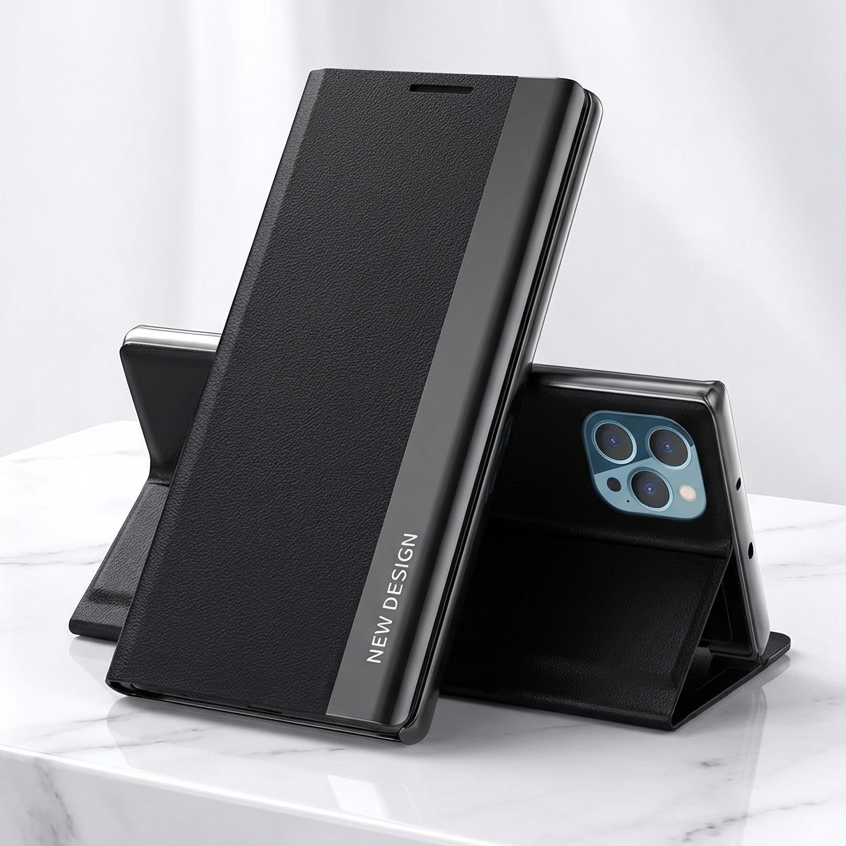 Luxury iPhone Case — Leather Flip Cover with Plating Book-Style Design, Kickstand Holder, Shockproof Protection and Anti-Fingerprint Matte Finish